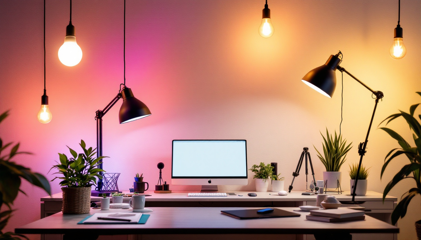 A photograph of a well-lit workspace featuring a variety of bulb light solutions in use