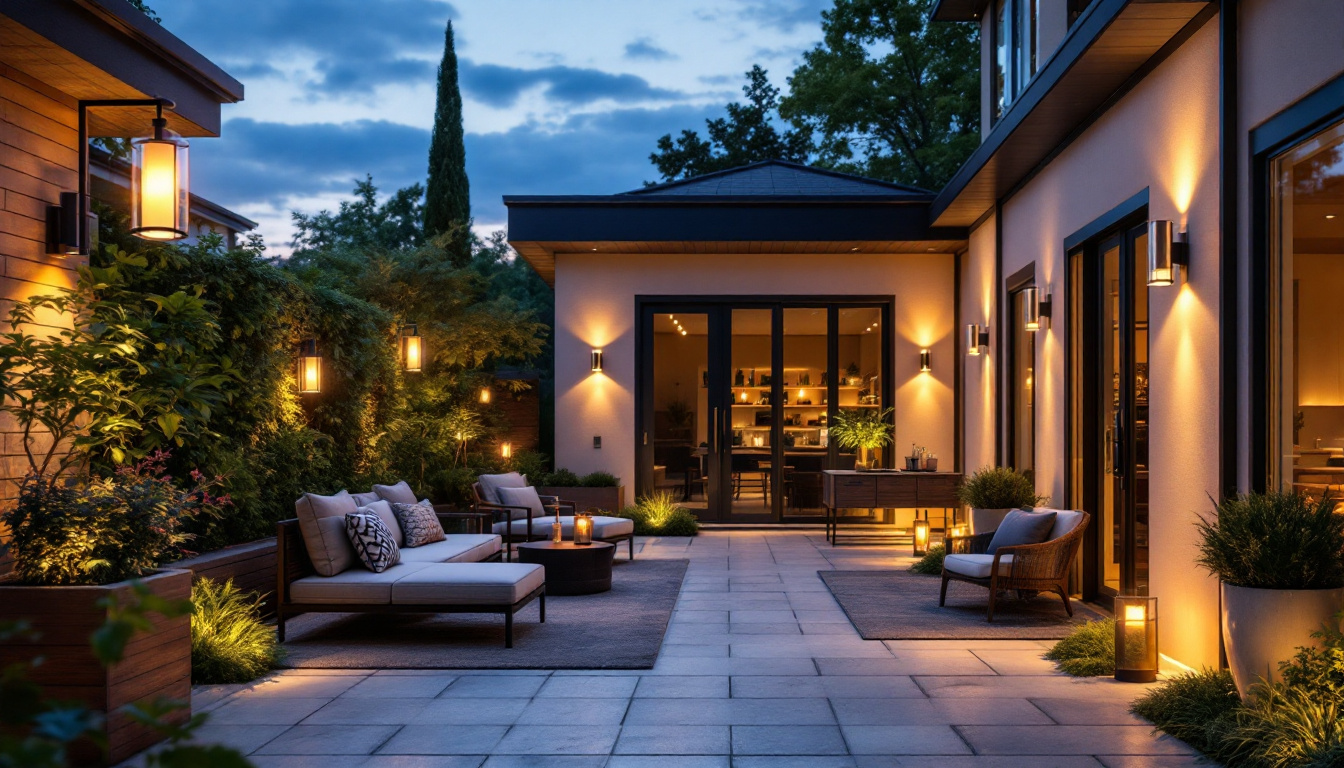 A photograph of a beautifully styled outdoor space featuring a variety of elegant exterior light fixtures