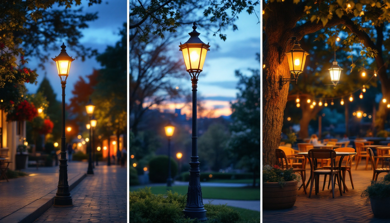 A photograph of a beautifully illuminated lamp post in a variety of settings