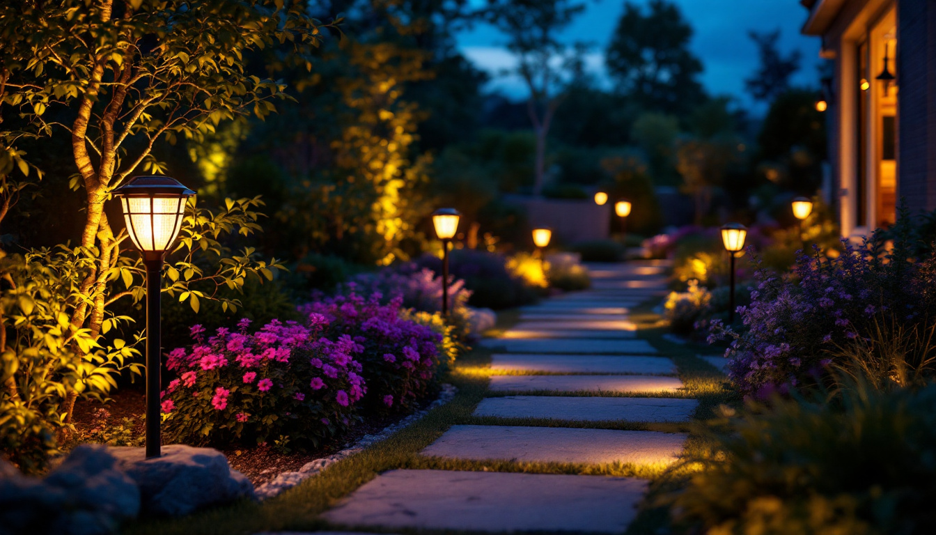 A photograph of a beautifully illuminated outdoor space featuring solar led lights in various settings