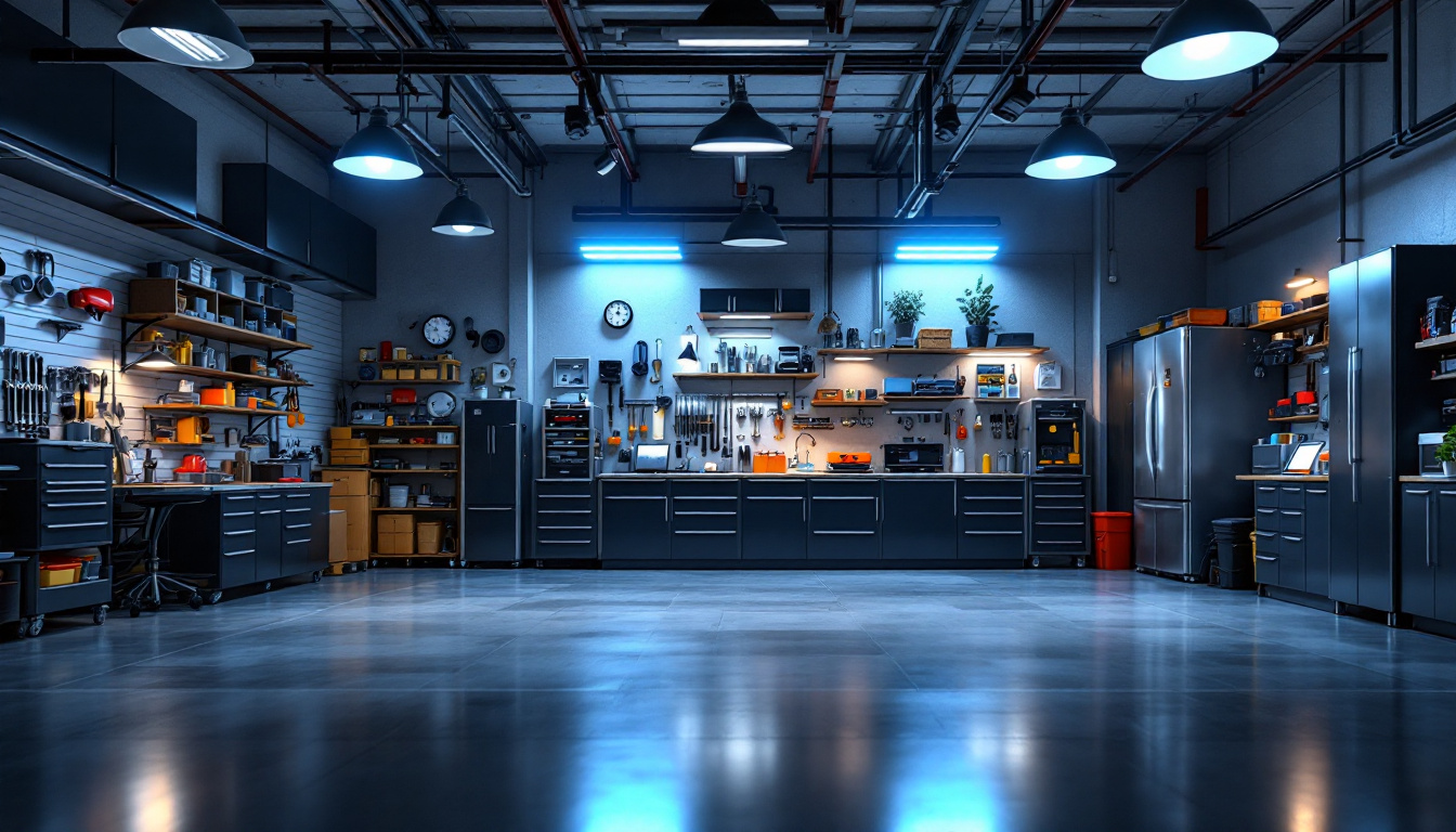 A photograph of a well-lit garage showcasing various innovative lighting solutions