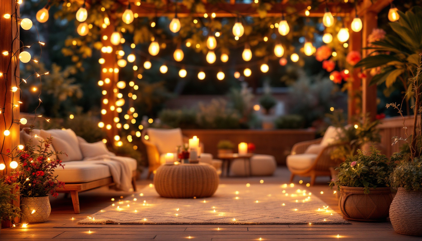 A photograph of a beautifully lit outdoor setting adorned with various styles of led string lights