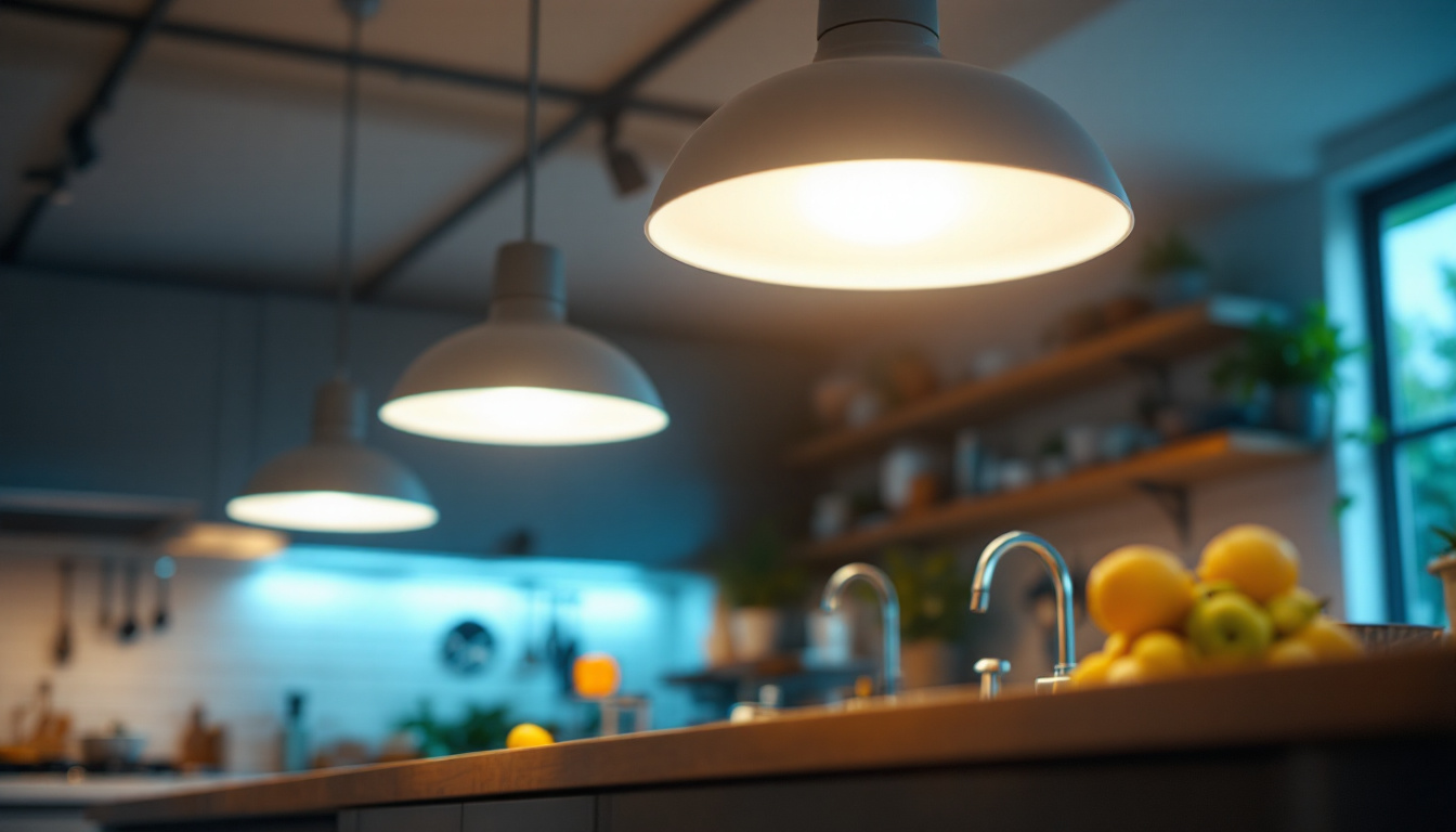 A photograph of a well-lit kitchen showcasing modern ceiling light fixtures that illuminate the workspace and enhance safety
