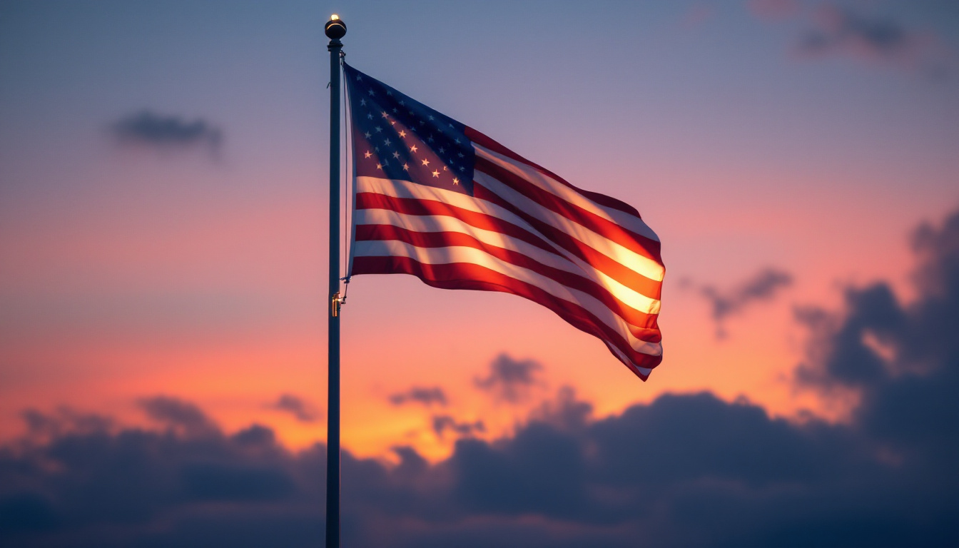 A photograph of a beautifully lit solar flagpole at dusk