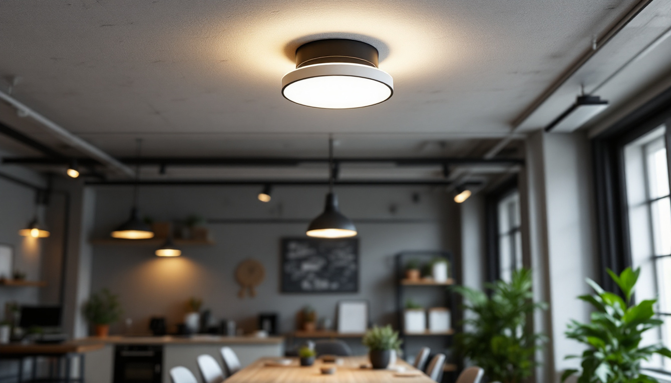 A photograph of a stylish flush mount ceiling light installed in a modern industrial workspace