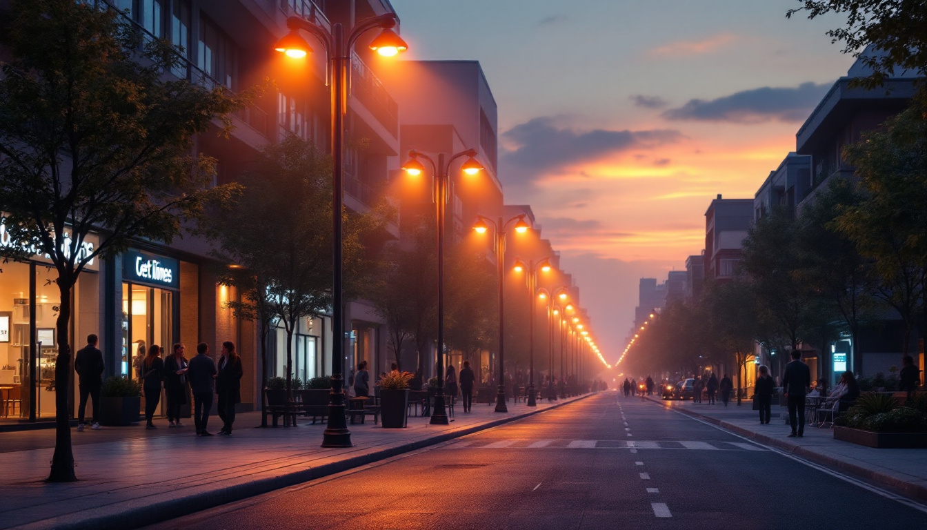 A photograph of a well-lit urban street scene featuring strategically placed street light poles