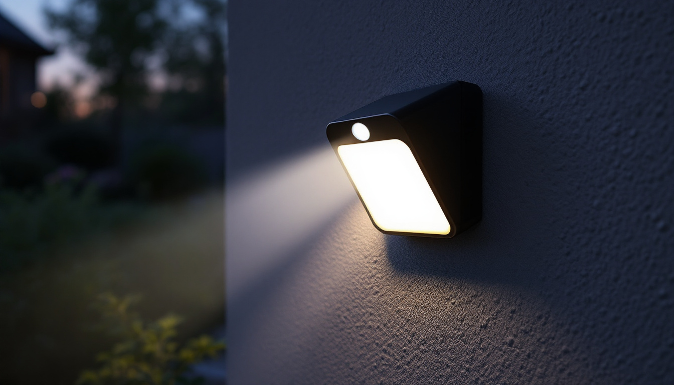 A photograph of a well-lit outdoor setting showcasing a sleek motion detector light in action
