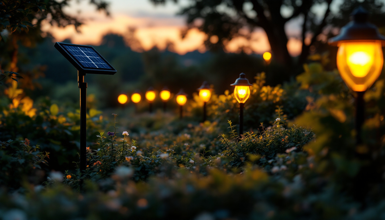 A photograph of a serene outdoor scene illuminated by solar power lights at dusk