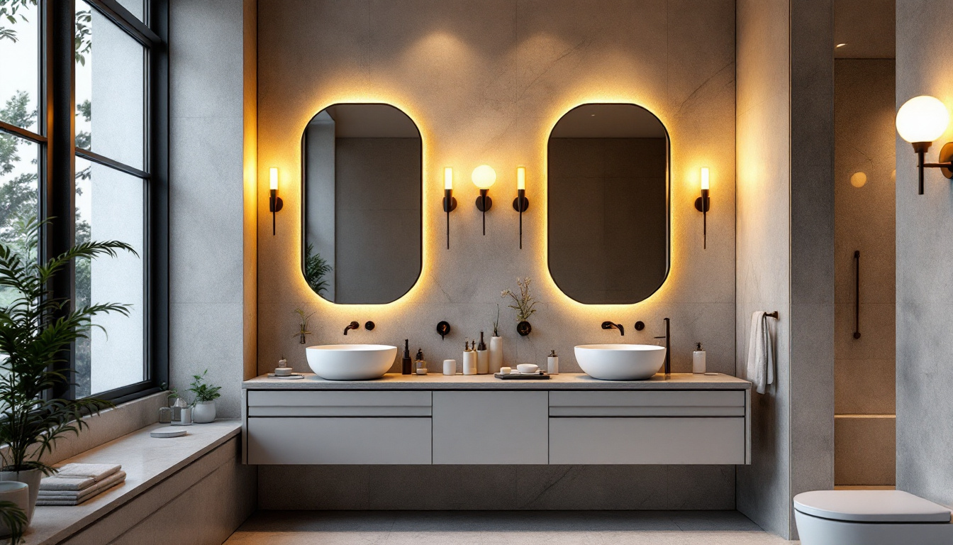 A photograph of a beautifully designed bathroom featuring a variety of stylish lighting fixtures