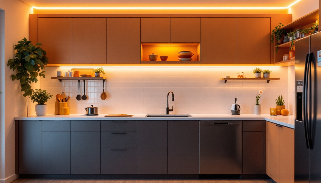 A photograph of a beautifully illuminated kitchen showcasing various styles of under cabinet lights