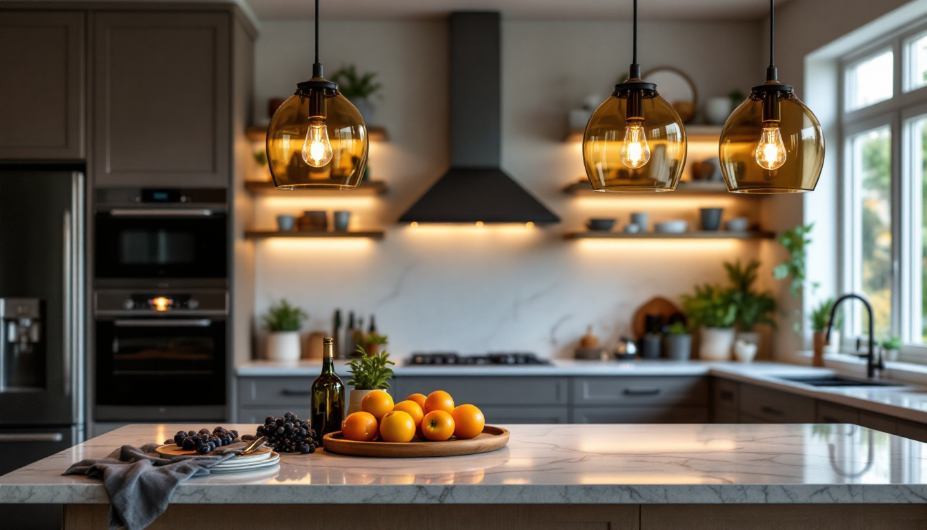 A photograph of a beautifully designed kitchen island illuminated by stylish pendant lights