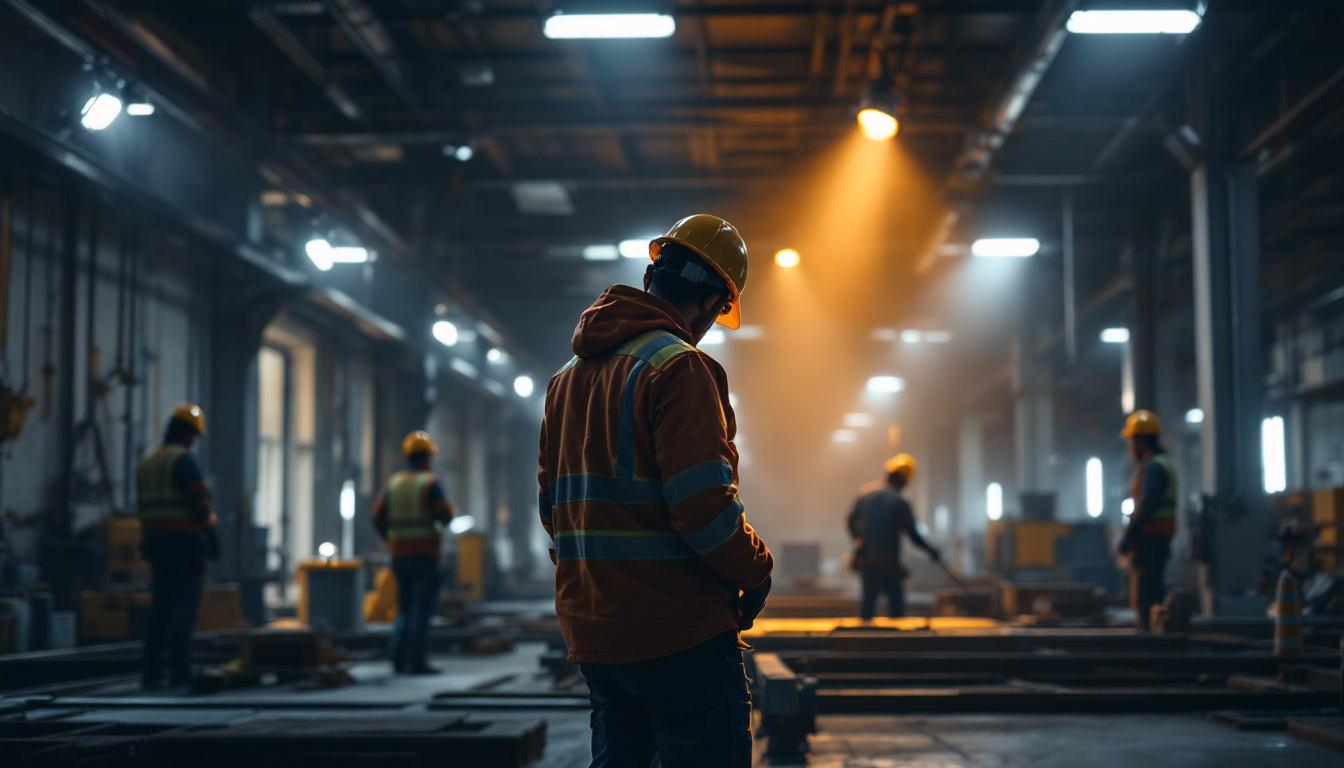 A photograph of a well-lit work environment showcasing a construction or industrial setting where led work lights are illuminating the area