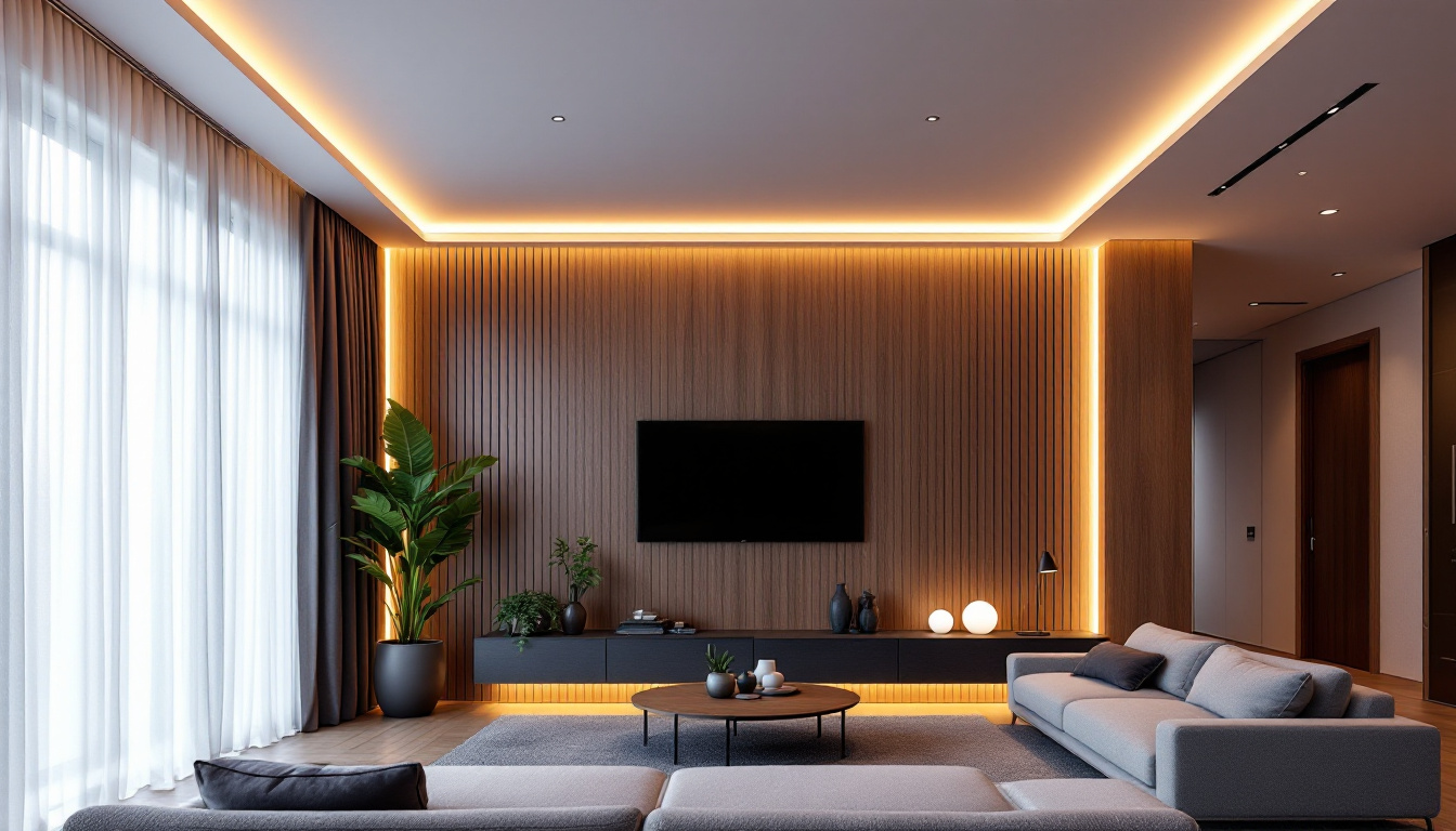 A photograph of a modern living space featuring stylish led light strips elegantly installed along the ceiling