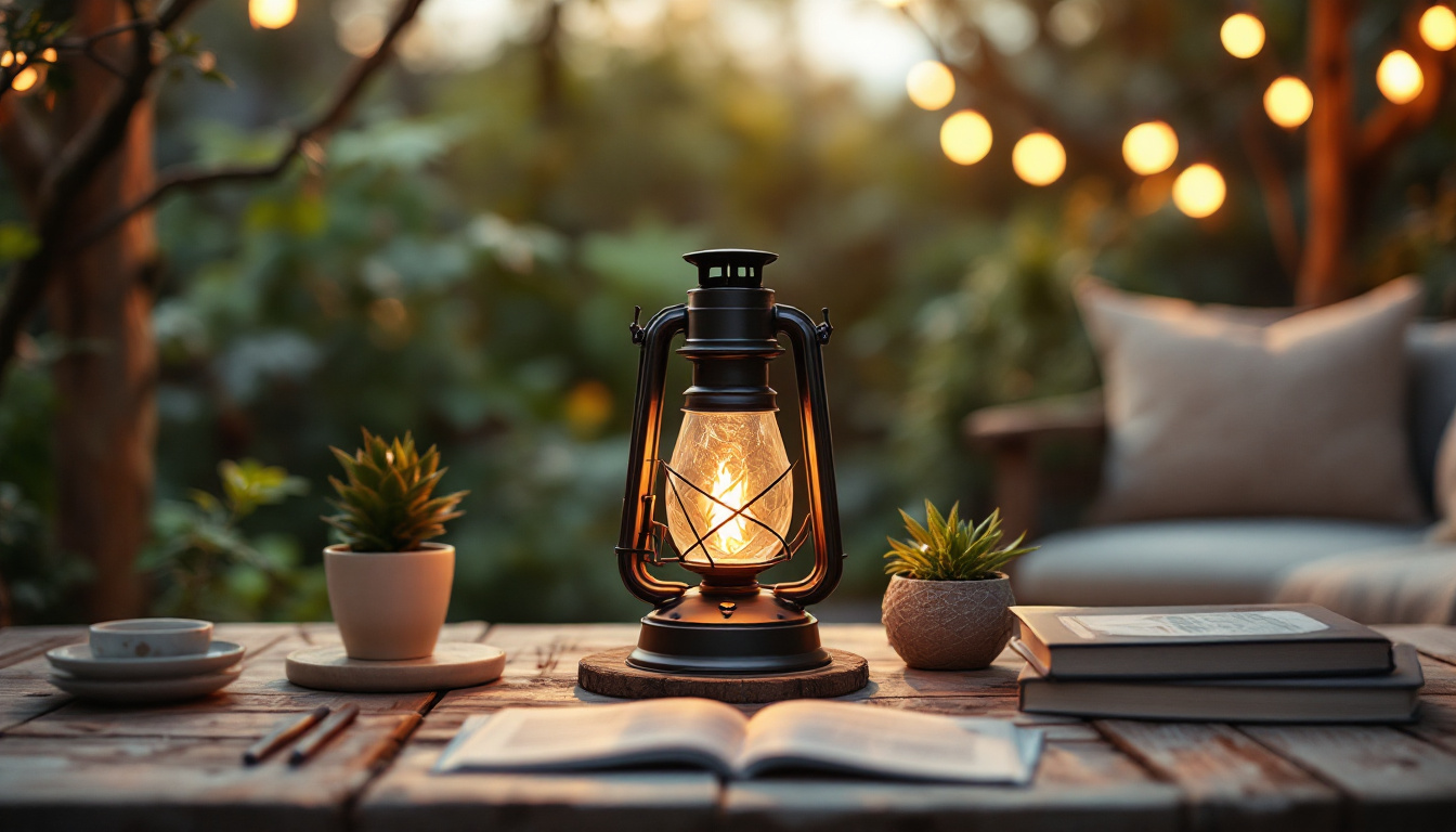 A photograph of a beautifully lit gaslight lamp in a cozy outdoor setting