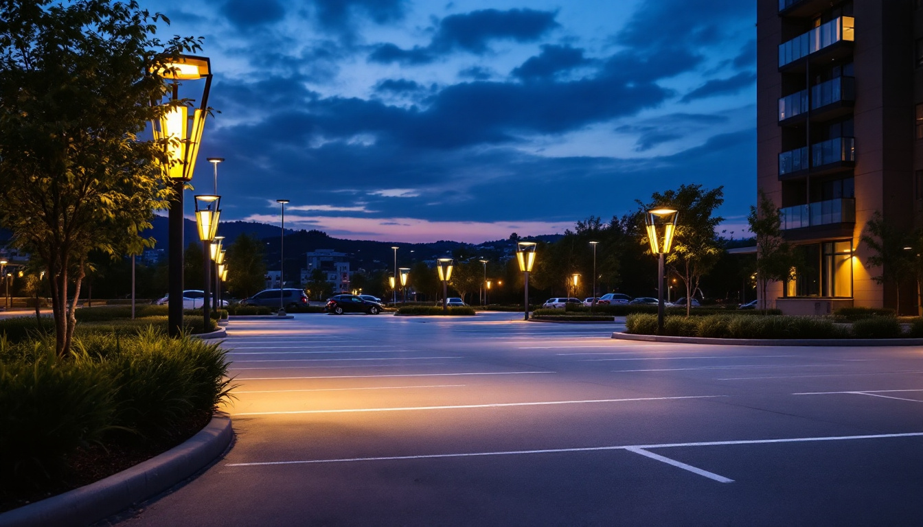 A photograph of a modern parking lot illuminated by sleek solar-powered lights at dusk