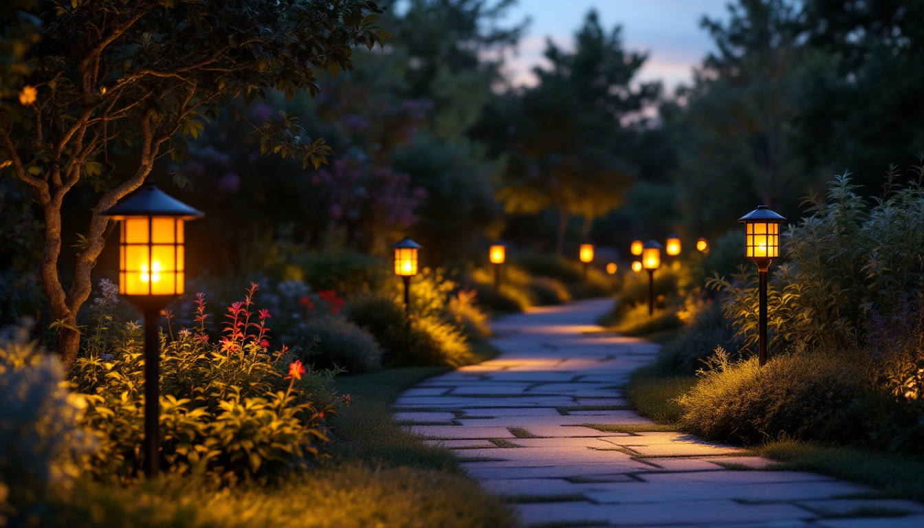 A photograph of a beautifully landscaped outdoor pathway illuminated by various styles of solar pathway lights at dusk