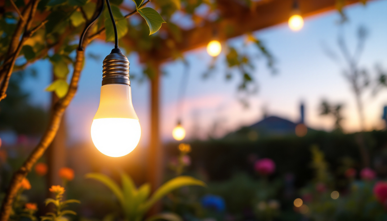 A photograph of a vibrant outdoor scene featuring a modern solar bulb illuminating a garden or patio