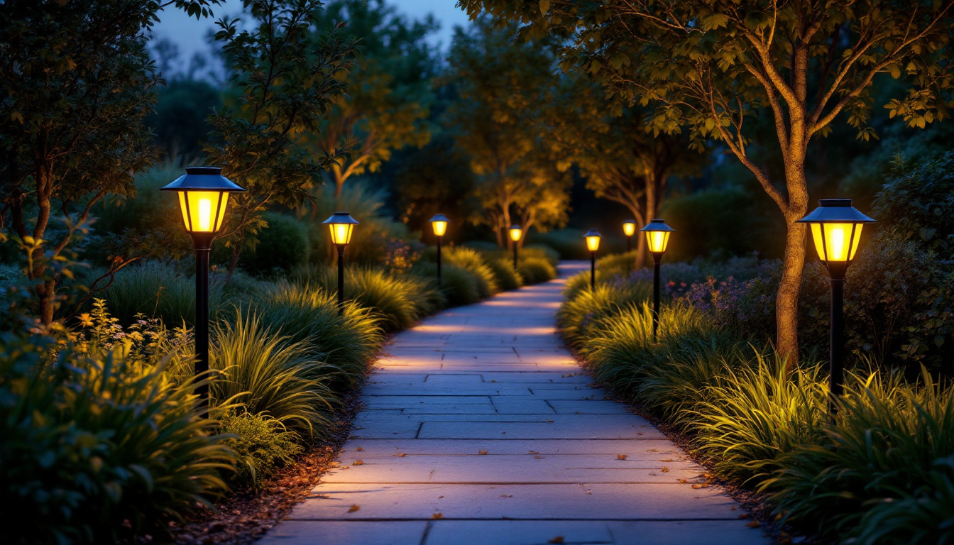 A photograph of a beautifully illuminated outdoor pathway at dusk