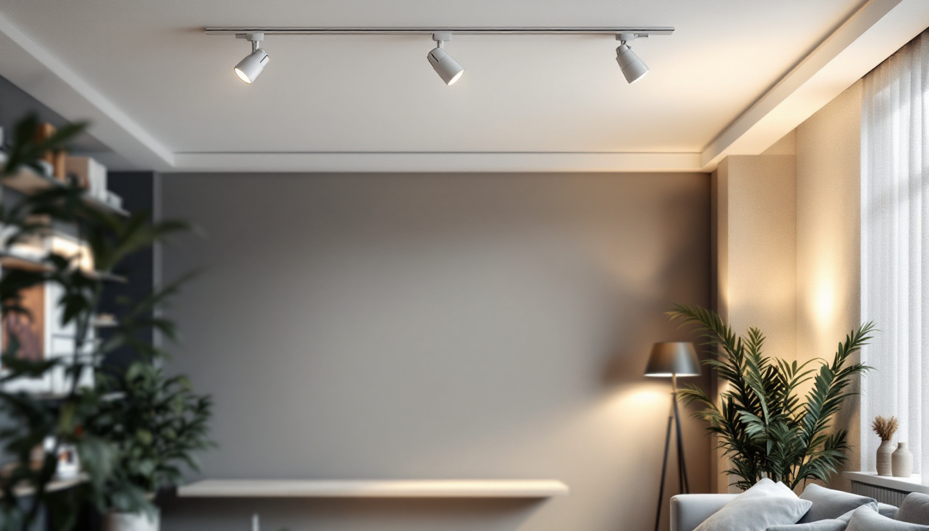 A photograph of capture a photograph of a beautifully arranged white linear track lighting system installed in a modern interior space