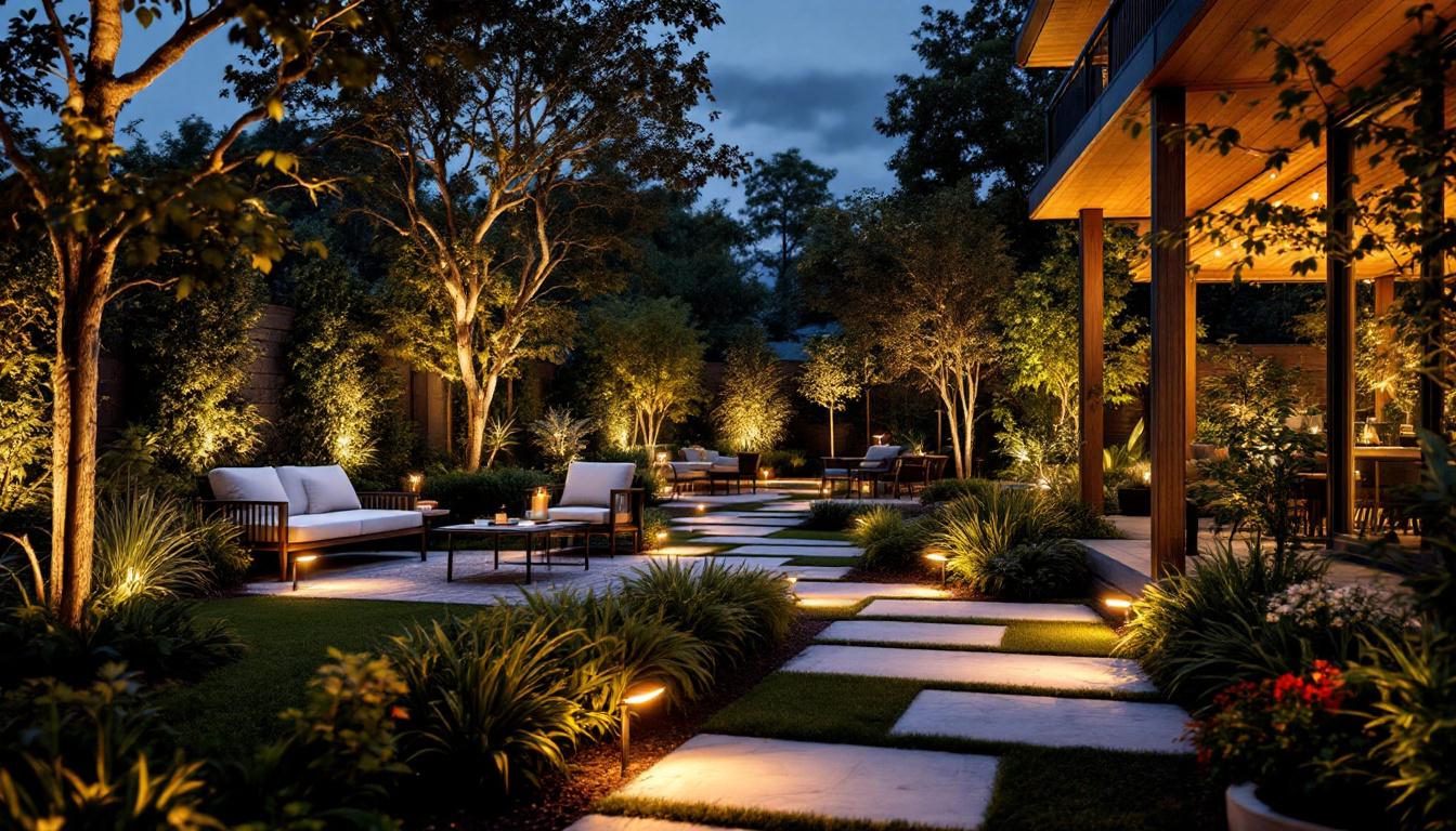 A photograph of a beautifully illuminated outdoor space featuring a variety of stylish landscape lights highlighting garden features