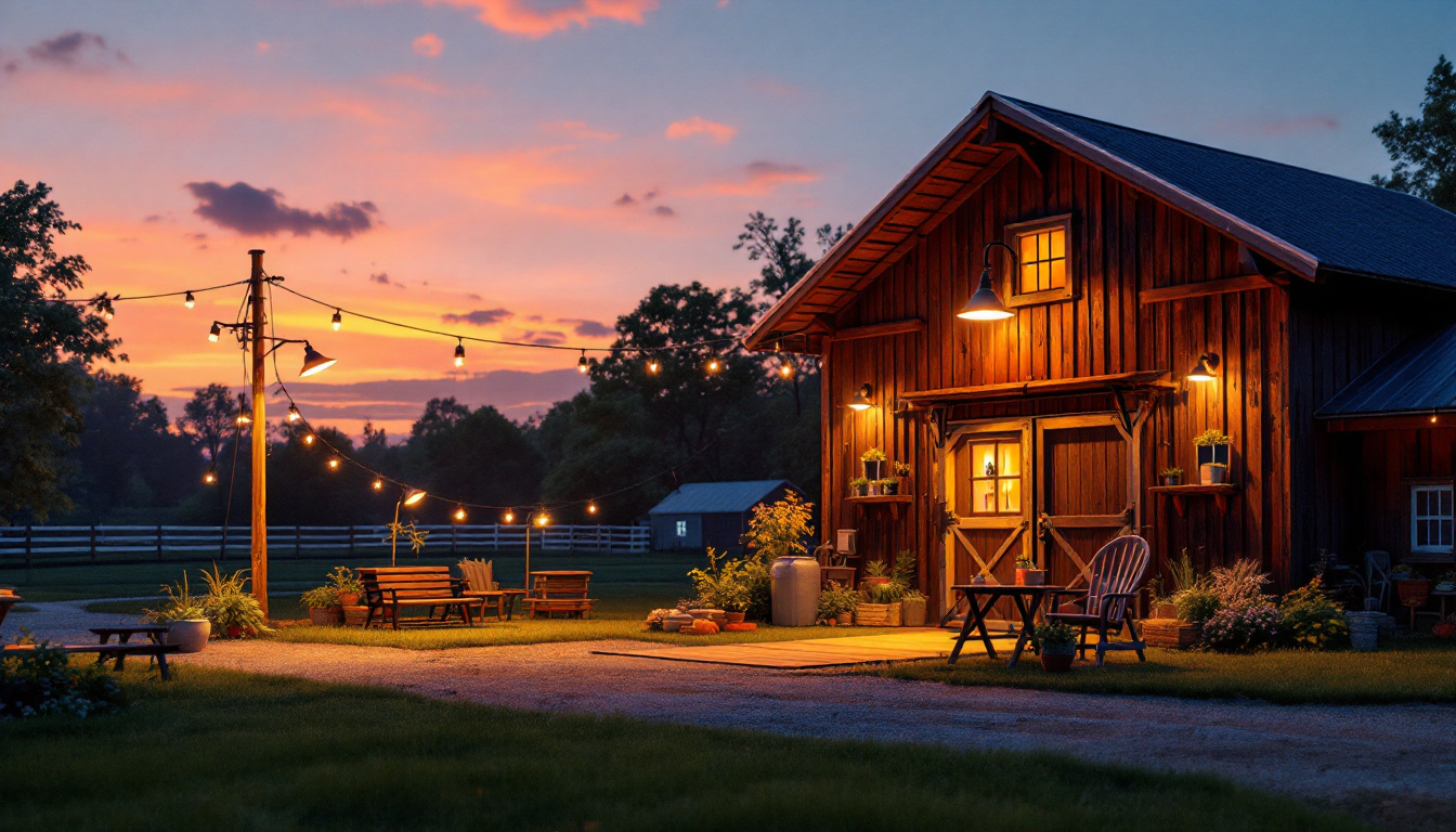 A photograph of a vibrant barnyard scene at dusk