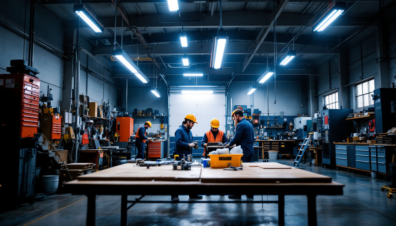 A photograph of a well-lit workshop or garage featuring 8-foot led shop light fixtures