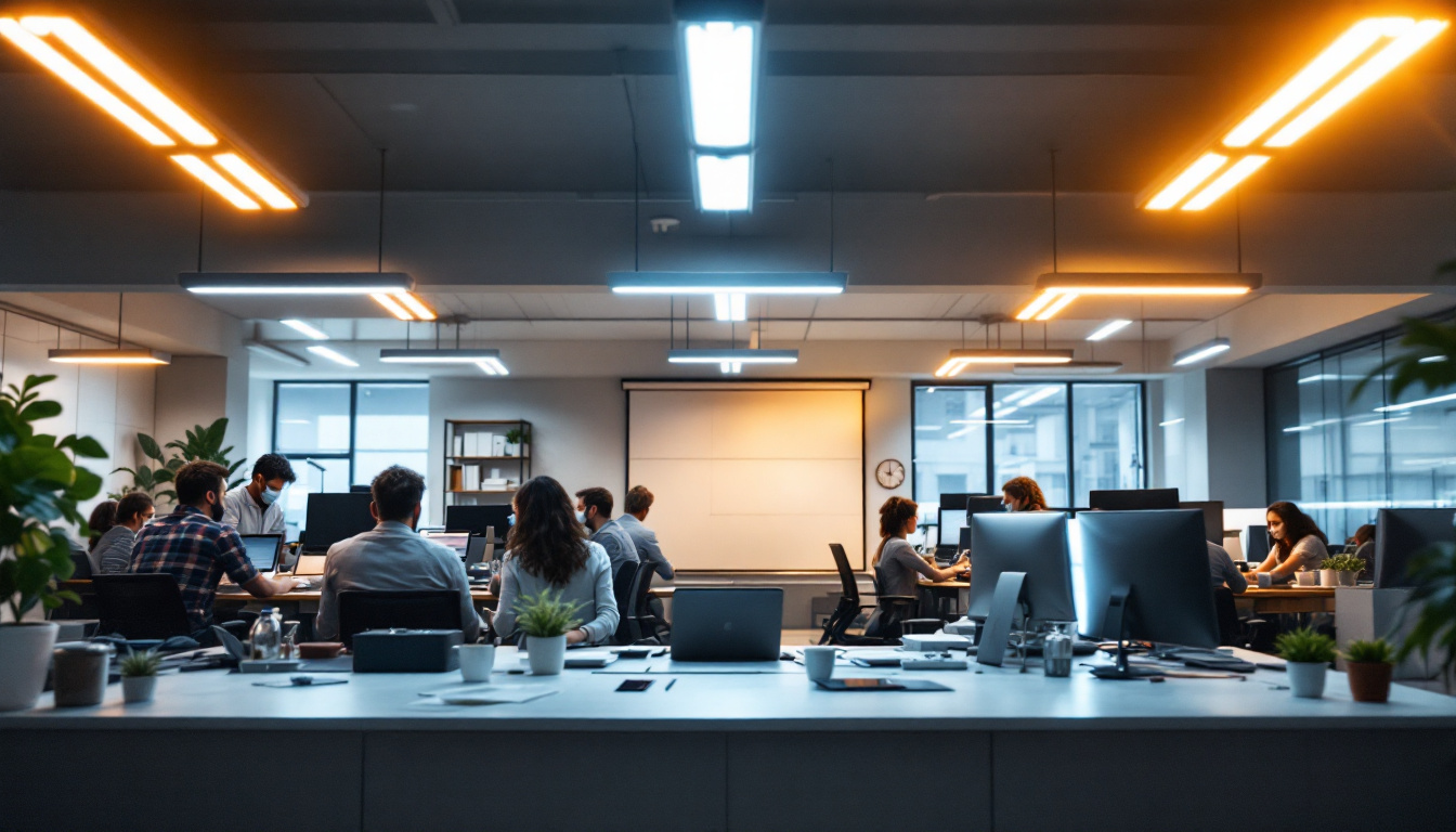 A photograph of a modern workspace illuminated by energy-efficient fluorescent light fixtures
