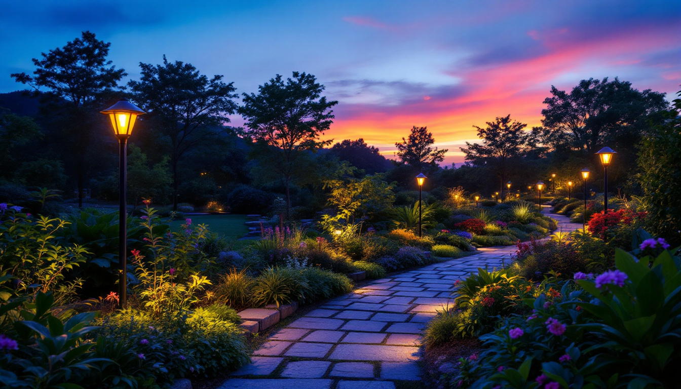 A photograph of a vibrant outdoor scene showcasing various solar lighting installations in use