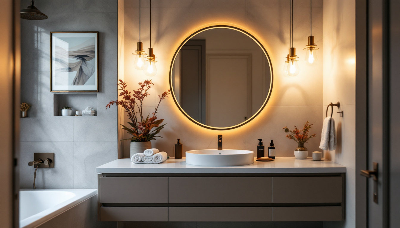 A photograph of a beautifully designed bathroom featuring elegant vanity lighting that highlights the space