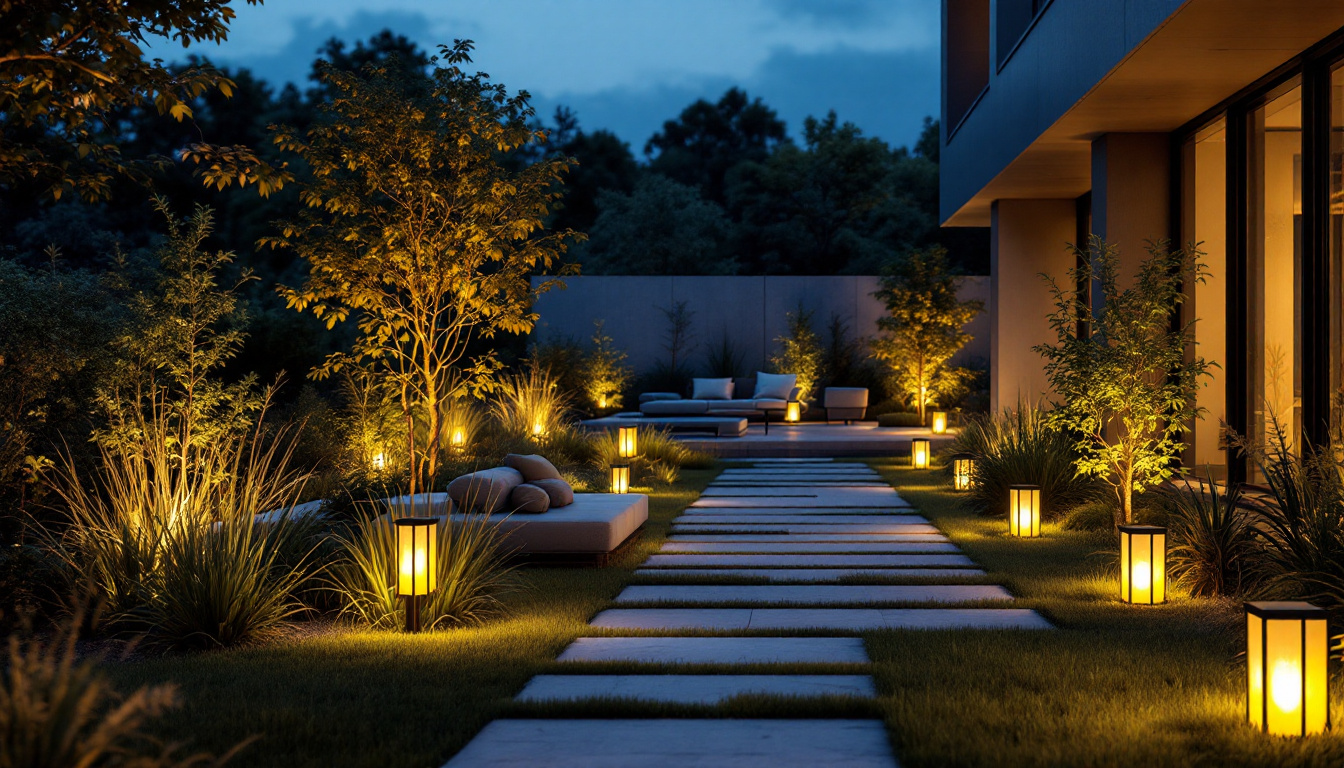 A photograph of a beautifully illuminated modern outdoor space featuring stylish solar garden lights