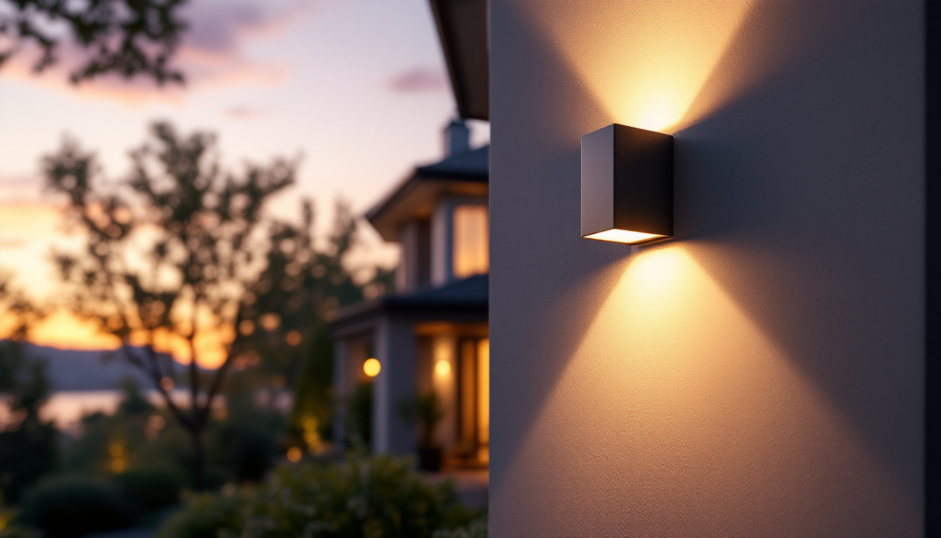 A photograph of a beautifully designed outdoor wall lighting fixture illuminating a stylish home exterior at dusk