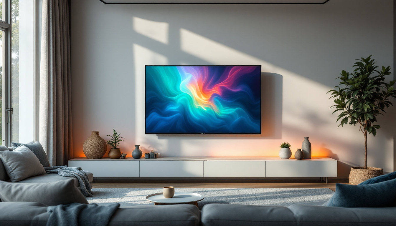 A photograph of a modern living room featuring a sleek flat panel led television