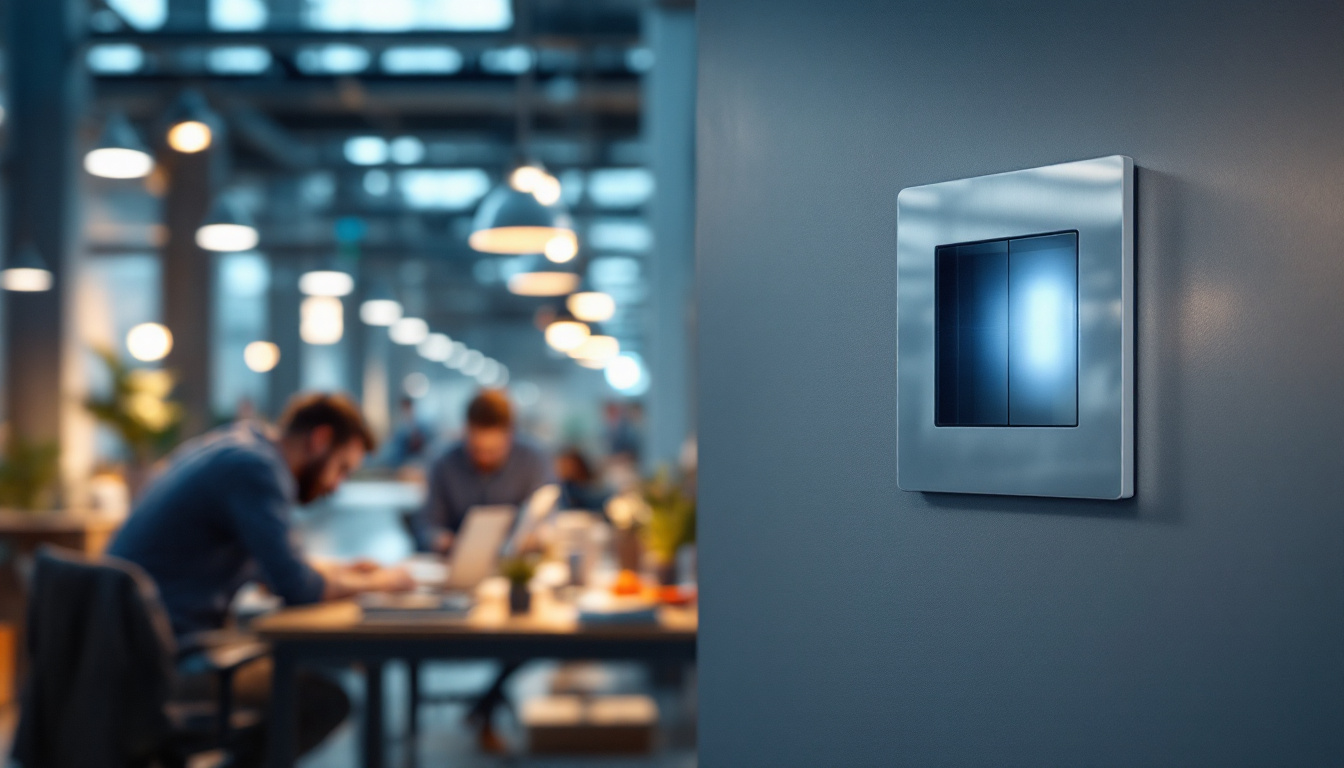 A photograph of a modern industrial workspace showcasing an automatic light switch in action