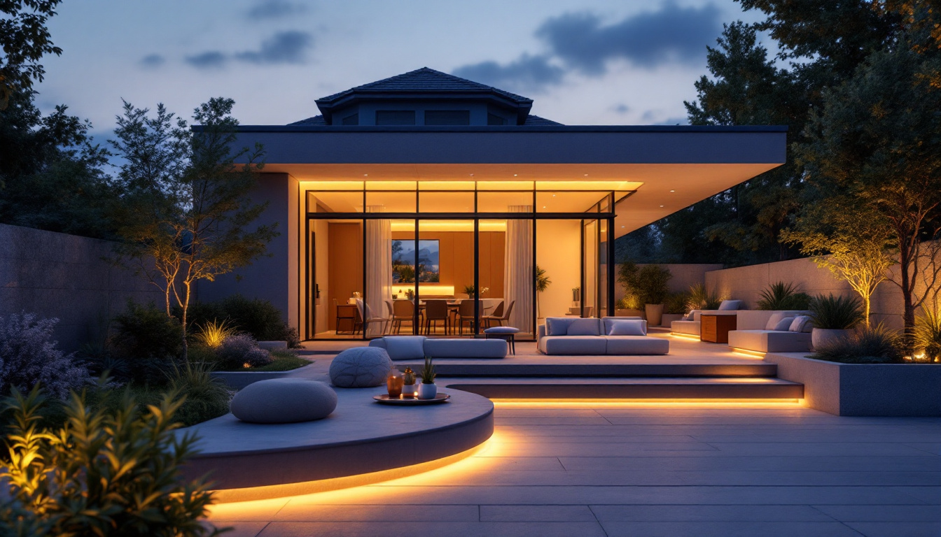 A photograph of a stylish modern patio illuminated by sleek solar-powered lights at dusk