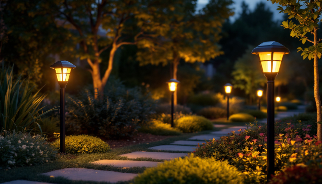 A photograph of a beautifully landscaped outdoor space illuminated by various styles of solar lights and posts at dusk