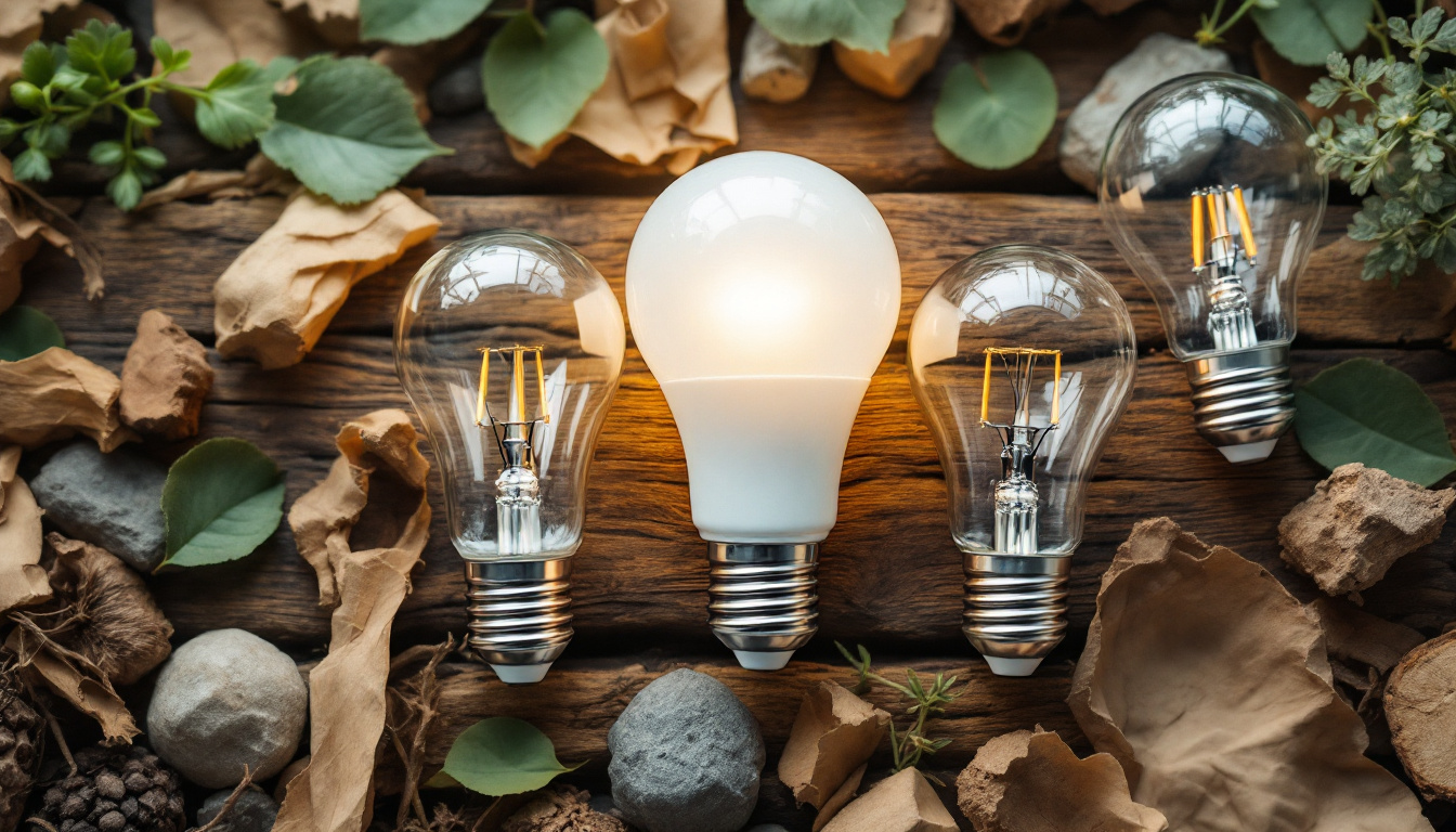 A photograph of a variety of light bulbs with different base types arranged artistically on a natural