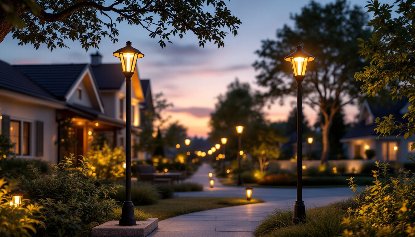 A photograph of a beautifully illuminated outdoor scene featuring stylish post lamps in a residential setting