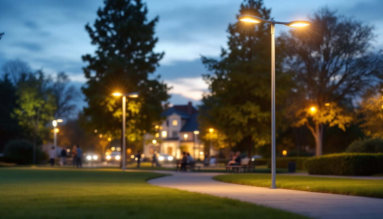 A photograph of a well-lit outdoor scene featuring modern light posts that illuminate a park or street
