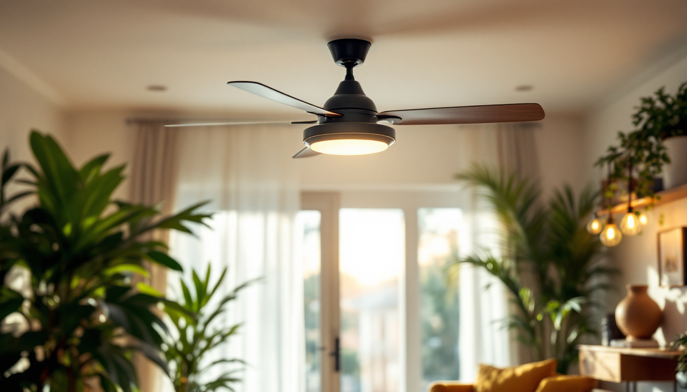 A photograph of a stylish ceiling fan equipped with an energy-efficient light kit