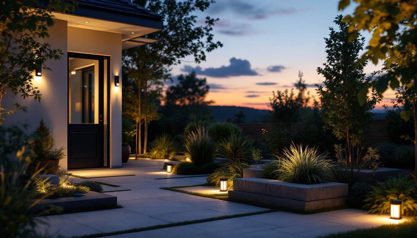 A photograph of a beautifully landscaped outdoor space at dusk