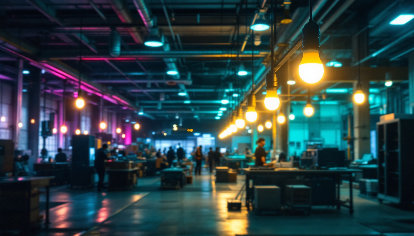 A photograph of a modern industrial or commercial space illuminated by innovative light bulbs
