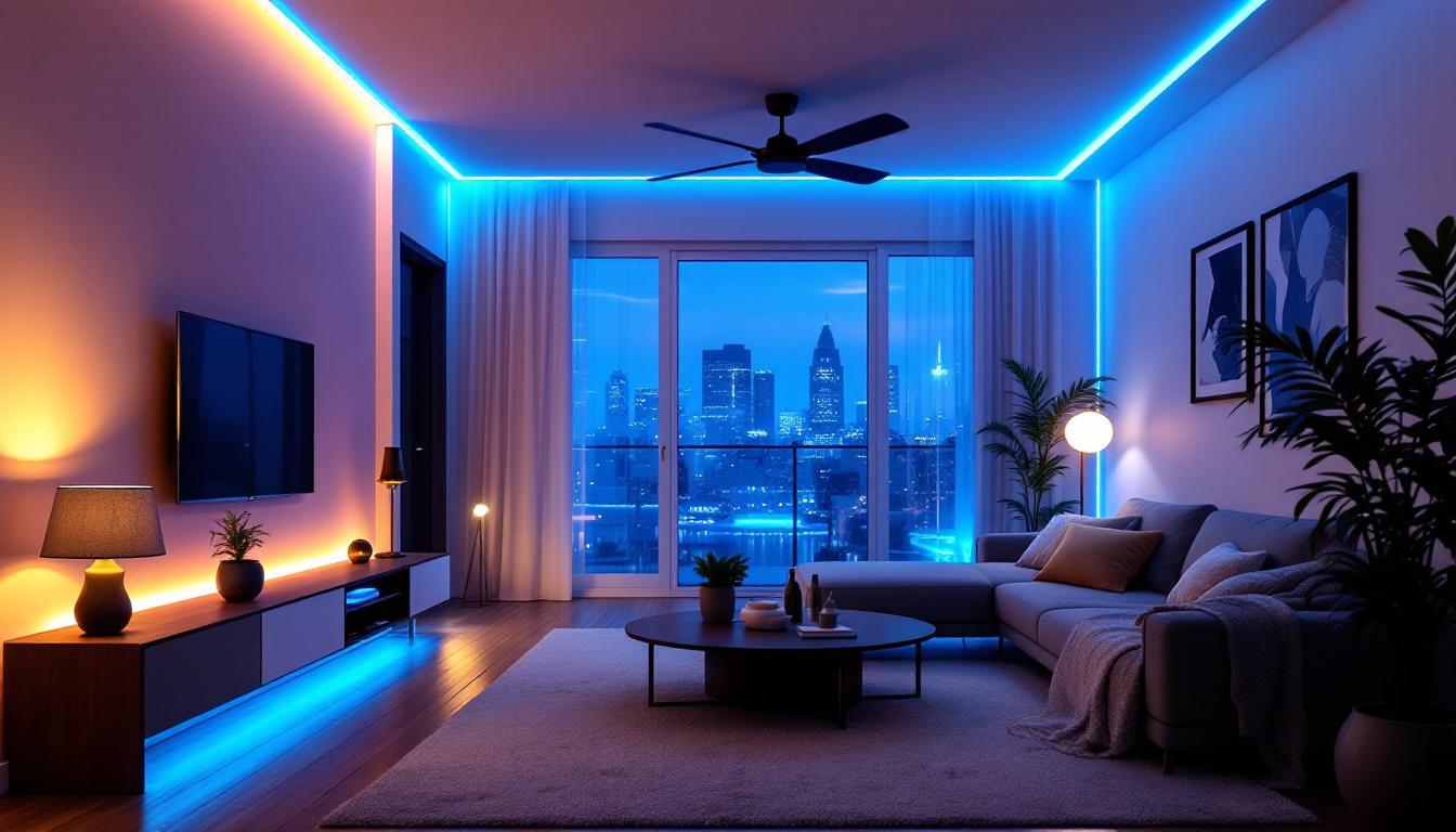A photograph of a modern living space illuminated by vibrant led strip lights
