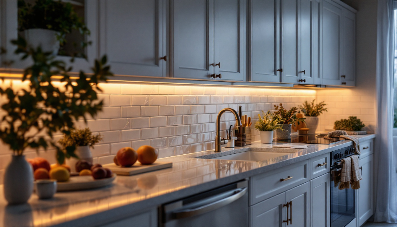 A photograph of a beautifully designed kitchen featuring under cabinet led lighting that highlights the countertops and creates a warm