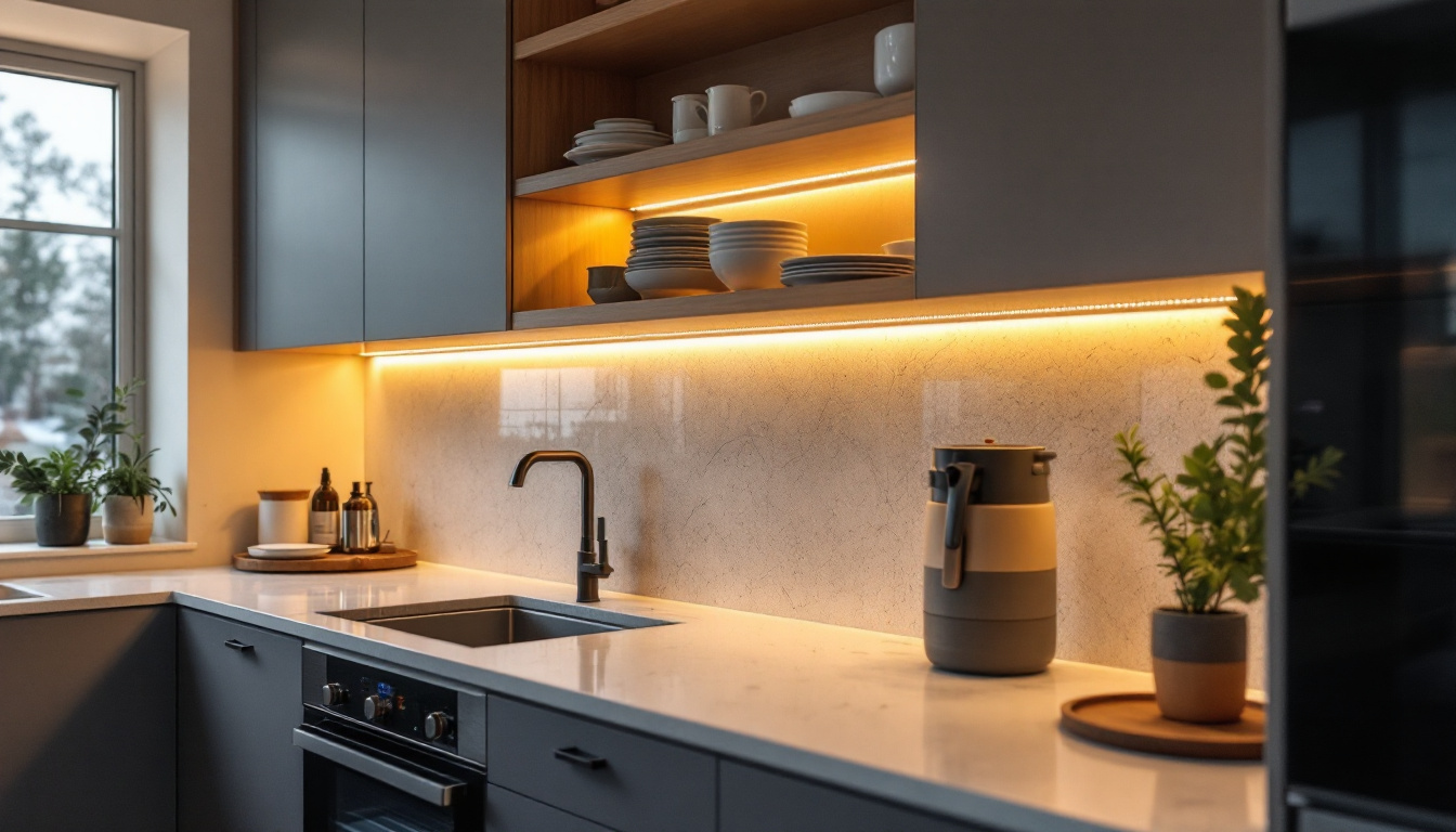 A photograph of a stylish modern kitchen featuring under cabinet led strip lighting