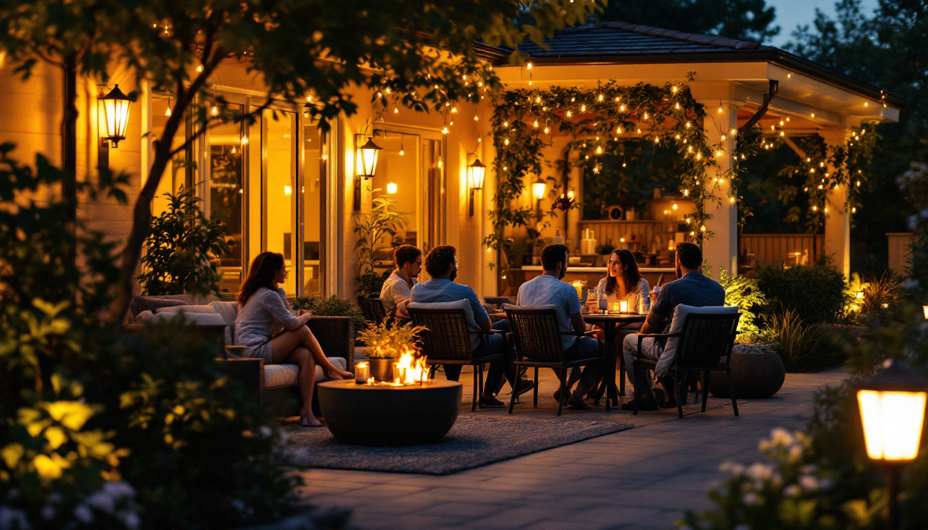 A photograph of a beautifully illuminated patio scene at dusk