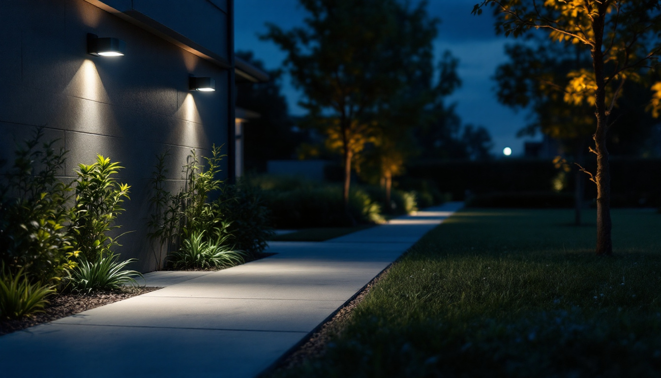 A photograph of a well-lit outdoor area at dusk featuring motion detection lights in action
