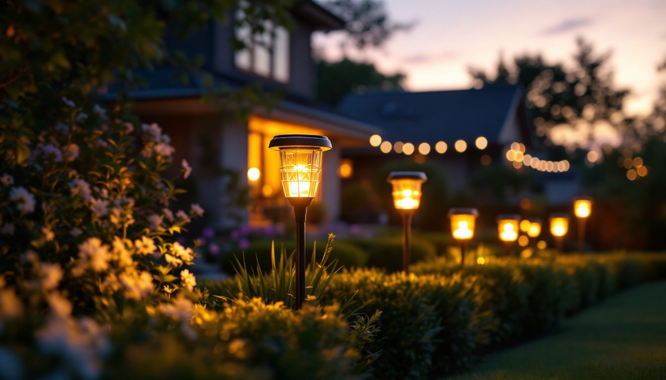 A photograph of a beautifully illuminated garden or yard at dusk