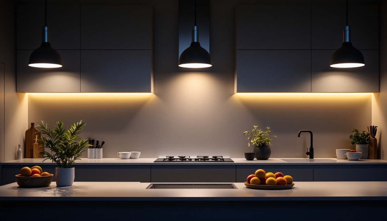 A photograph of a modern kitchen illuminated by stylish ceiling lights