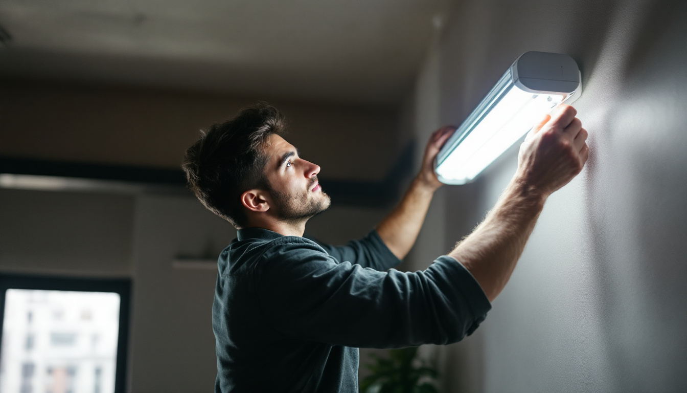 A photograph of a person skillfully replacing a fluorescent tube light bulb in a well-lit