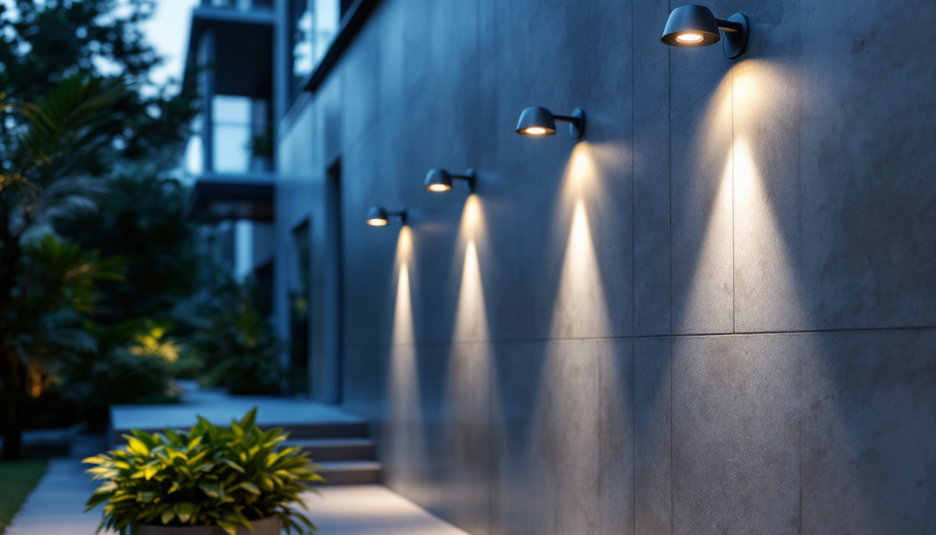 A photograph of a well-lit indoor or outdoor space featuring stylish lighting sconces that illuminate pathways or work areas